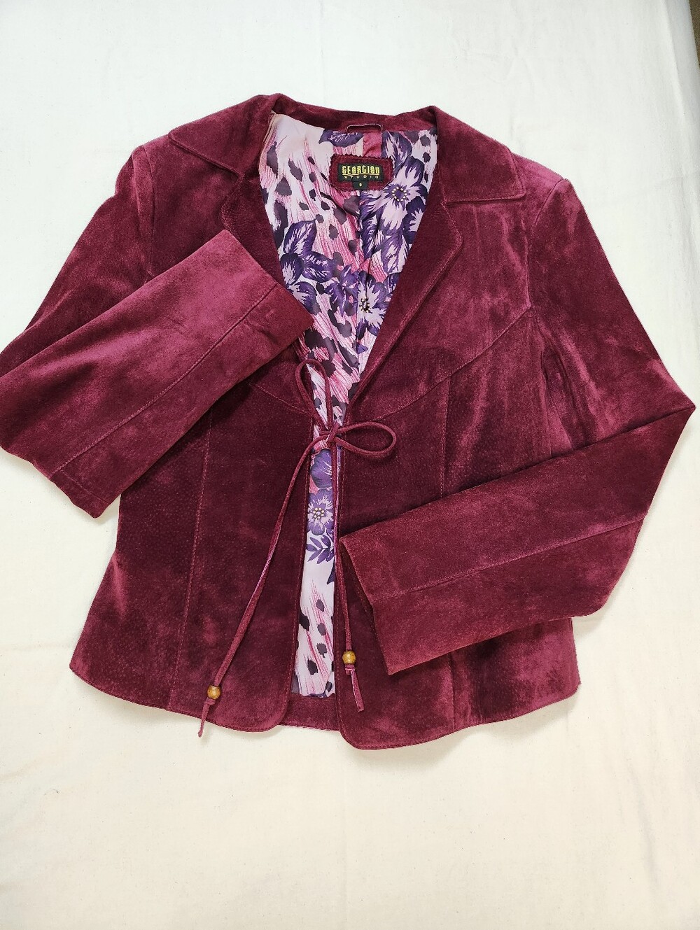 Georgiou Velvet Tie-Front Blazer in Wine Burgundy Vintage